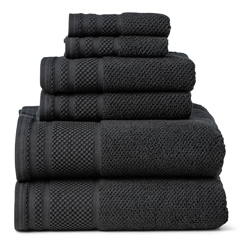 Texere 100% Organic Cotton Rice Weave Jacquard 700 GSM Luxury Bath Towel Sets - Spa Quality Bath Towels, Hand Towels, Washcloths (Rice Weave, Black, 6 Piece) - color: Black (Rice Weave)