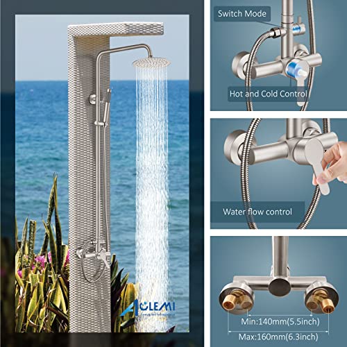 Aolemi Outdoor Shower Kit SUS304 with Cylinder Handheld Brushed Nickel | 2 Function,8 Inch Head,Cylinder Handheld Spray,Adjustable Height,Outside Exposed Shower Fixture,Single Handle,Wall Mount - color: Nickel