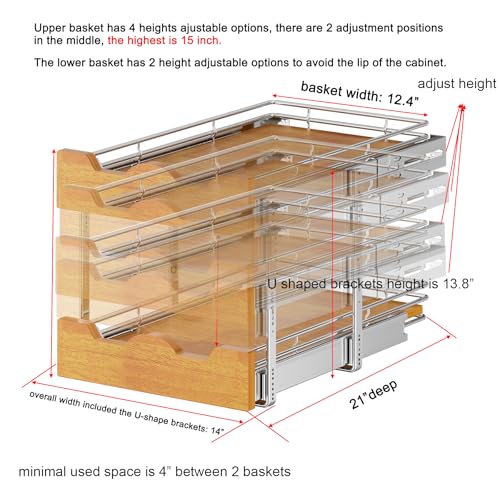 DINDON 2 Tier Pull Out Cabinet Organizer (14" W x 21" D) Slide Out Wood Shelf Double Tier Kitchen Wire Basket with Chrome Finish… - size: 14'' W X 21'' D