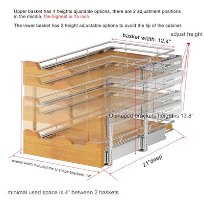 DINDON 2 Tier Pull Out Cabinet Organizer (14" W x 21" D) Slide Out Wood Shelf Double Tier Kitchen Wire Basket with Chrome Finish… - size: 14'' W X 21'' D