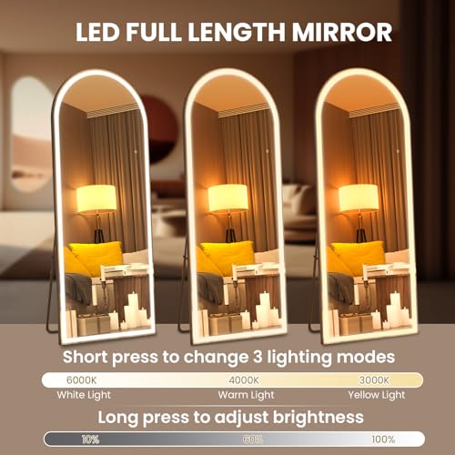 pertetey 81 x 34 in Arched LED Full Length Mirror, Black Frame, Dimmable | Arched Design, Dimmable LED Lighting, 3 Color Modes, Black Frame - size: 81"L x 34"W