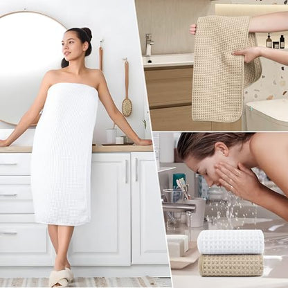POLYTE 430 GSM Poly Blend Microfiber Quick Dry Waffle Bath Towel Set of 6 | 2-Body Towels, 2-Hand Towels, 2-Wash cloths, Oversize, Lint Free - color: White,beige