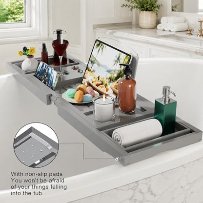 Artmeer Bamboo Bathtub Tray Caddy, Expandable Bath Table for Tub, Bathroom Organizer with Cup Holder, Book Stand and Extending Sides, Gray