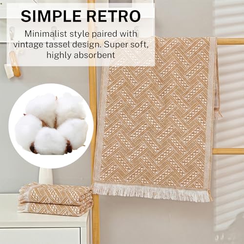 4-Pack Cotton Bathroom Hand Towels – Boho Cotton Hand Towel Set with Jacquard Weave & Fringe, 13"x29.1" Absorbent Soft Face Set for Kitchen, Bathroom, Guest Tea Gift (Brown, White) - color: Brown，white