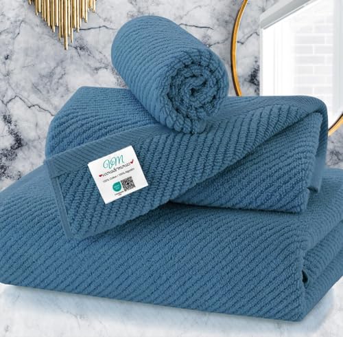 VOOVA & MOVAS 3PC Towel Set, 100% Cotton, Labrador Blue | 1 Large Bath 30x56 In, 1 Hand 18x28 In, 1 Wash Cloth 13x13 In, Quick Dry, Soft, Thick, Bathroom Essentials - color: Labrador Blue, size: 3 PC Bathroom Towel Set