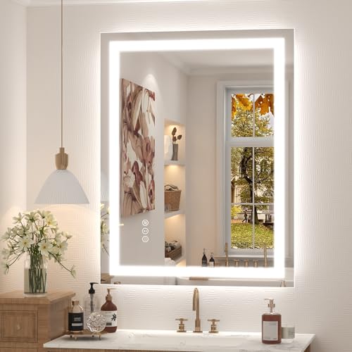 26x36 Inch LED Bathroom Mirror, Backlit and Front Lights | Dimmable Lighted Vanity Mirror for Wall, Anti-Fog, Memory, Shatter-Proof, ETL Listed (Horizontal/Vertical) - color: Frameless, size: 36"L x 26"W