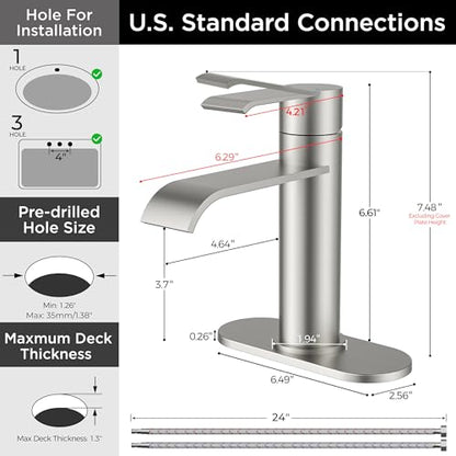 FORIOUS Single Hole Brushed Nickel Bathroom Faucet Waterfall, Commercial | FORIOUS 1 Hole Bathroom Faucet Brushed Nickel, One Hole Waterfall Bathroom Sink Faucet for RV with Cover Plate and Pop Drain - color: Stainless Steel