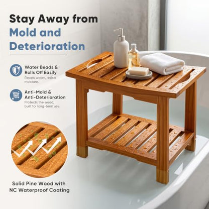 DUMOS 18" Woodern Shower Bench for Inside Shower, Waterproof Bathroom Bench | Shower Chair for Shaving Legs and Spa, Non-Slip Solid Wood Shower Stool with Handles for Senior Adult Disabled Elderly, Brown - size: 17.91"W