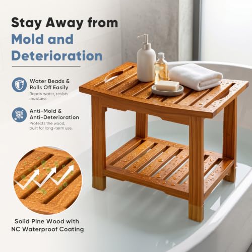 DUMOS Wooden Shower Bench, 18" Waterproof Shower Stool for Inside Showers | Non-Slip Bathroom Bench with Shelf & Handles for Senior Adult, Disabled Elderly, 300 LBS Capacity, Brown - size: 18"W