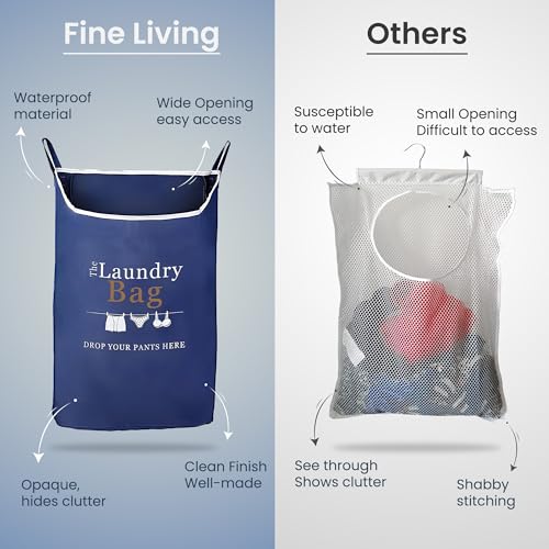 Fine Living Co. Large Hanging Laundry Hamper with Over Door Hooks & Adhesive, Durable Space Saving Laundry Bag with Zipper and Wide Open Top, Hanging Dorm Laundry Hamper (Navy Blue with Print-XL) | Hanging Dorm Laundry Hamper with Over Door Hooks & Adhesi