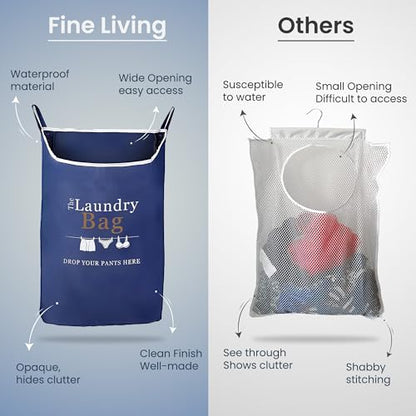 Fine Living Co. Large Hanging Laundry Hamper with Over Door Hooks & Adhesive, Durable Space Saving Laundry Bag with Zipper and Wide Open Top, Hanging Dorm Laundry Hamper (Navy Blue with Print-XL) | Hanging Dorm Laundry Hamper with Over Door Hooks & Adhesi