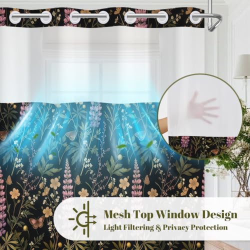 Dark Botanical No Hook Shower Curtain with Snap in Liner & Tassels | Double Layer Waterproof Bath Curtain with Mesh Top, Green Plant & Lavender Floral Design for Boho Farmhouse Bathroom, 71Wx77L - color: Wild Plant
