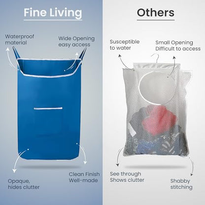 The Fine Living Co. X-Large Hanging Laundry Hamper with Over Door Hooks & Adhesive, Durable Space Saving Laundry Bag with Zipper and Wide Open Top, Hanging Dorm Laundry Hamper 20"x3.75"x31" (Blue-XL) | Hanging Dorm Laundry Hamper with Over Door Hooks & Ad