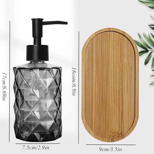 12oz Black Glass Hand and Dish Soap Dispenser Set, Diamond Design, Set of 2 | Bathroom Soap Dispenser with Plastic Pumps, Bamboo Tray for Hand Wash & Dish Wash, for Bathroom Kitchen Countertop - color: Black