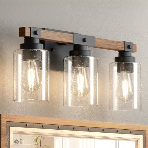 Amico 3-Light Farmhouse Bathroom Vanity Light, Seeded Glass, Black & Wood | Bubble Glass Shade Wall Sconce, Over Mirror Lighting for Bathroom, Bedroom, Living Room, Hallway, Powder Room, Entryway - size: 3-Light