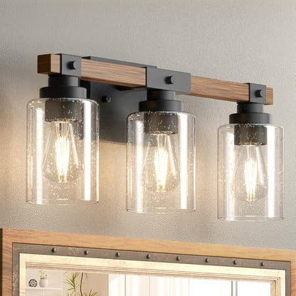 Amico 3-Light Farmhouse Bathroom Vanity Light, Seeded Glass, Black & Wood | Bubble Glass Shade Wall Sconce, Over Mirror Lighting for Bathroom, Bedroom, Living Room, Hallway, Powder Room, Entryway - size: 3-Light