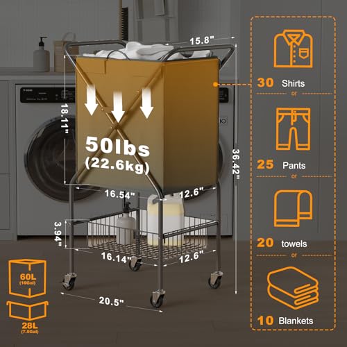 Laundry Basket with Wheels:88L Rolling Laundry Cart Foldable Metal Frame Dirty Clothes Laundry Hamper 36"H 4 Caster 2 Brake Waterproof Removable Liner Carry Handle for Dorm Laundry Room,Gray - color: Gray