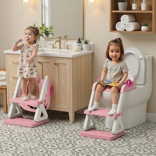 Potty Training Toilet Seat with Step Stool Ladder for Boys and Girls, 2 in 1 Potty Training Toilet, Splash Guard Anti-Slip Pad Step Stool （Pink) Pedal Upgrade. - color: Pink