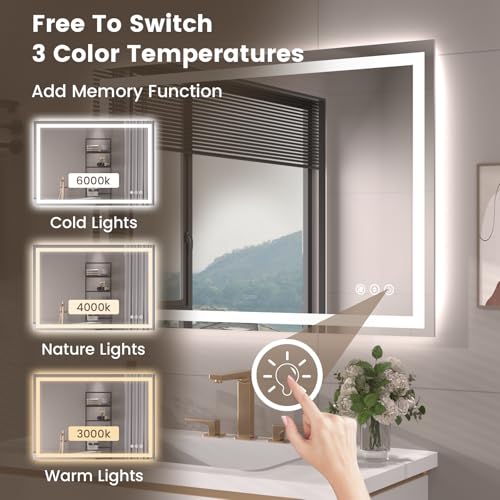 Snowdool 40 x 30 in LED Bathroom Mirror, Front and Backlit, Anti-Fog | Front and Backlit, 3 Color Temperatures, Anti-Fog, Tempered Glass - size: 40"L x 30"W
