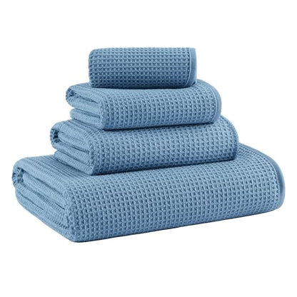 MICROFI Waffle Weave Bath Towel Set, Microfiber, 4 Pieces (Body/Hair/Hand/Face), Quick Dry, Lightweight, Super Absorbent, Lint Free, 380 GSM (Blue) - color: Blue