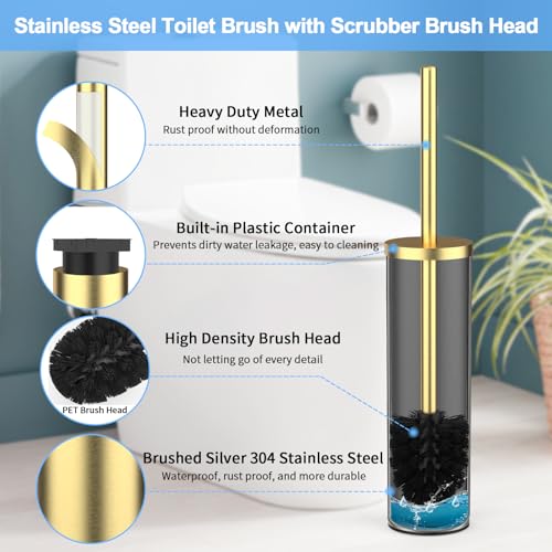 Stainless Steel Toilet Brush and Holder Set Brushed Silver Heavy Duty Toilet Bowl Brush with Long Handle for Bathroom and Farmhouse (Gold) - color: Gold