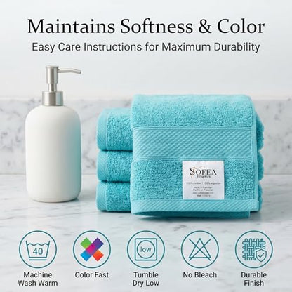 Sofea 100% Cotton Washcloths Set of 12, (12 x 12 Inch) 520 GSM Wash Cloths, Extra Soft Absorbent Quick Dry Face Towels - color: Aqua Green