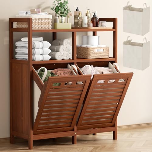 Tilt Out Laundry Hamper Cabinet, Bamboo Double Laundry Hamper with 2 Removable Laundry Baskets, 20 Gal Laundry Sorter Organizer with Shelf for Dirty Clothes, Bathroom, Laundry Room, Walnut - color: Walnut, size: Large