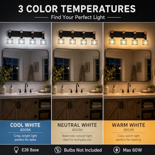 Farmhouse Vanity Light Fixture,4-Light Bathroom Lighting,Black Industrial Wood Wall Light Over Mirror with Metal Shade,LED Bulbs Not Included - color: Black, size: 4-Light-Wide 28"