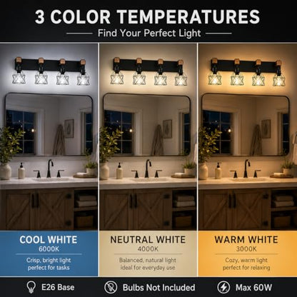 Farmhouse Vanity Light Fixture,4-Light Bathroom Lighting,Black Industrial Wood Wall Light Over Mirror with Metal Shade,LED Bulbs Not Included - color: Black, size: 4-Light-Wide 28"