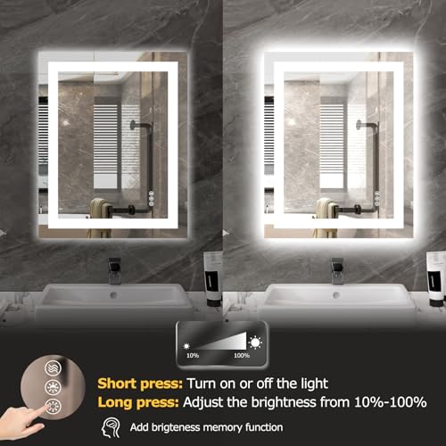 Hivone 24"X30" LED Bathroom Mirror with Lights, Anti-Fog, Dimmable, Backlit + Front Lit, Smart Bathroom Vanity Mirror, Memory Function, Shatterproof, Tempered Glass (Horizontal/Vertical) - size: 24"L x 30"W