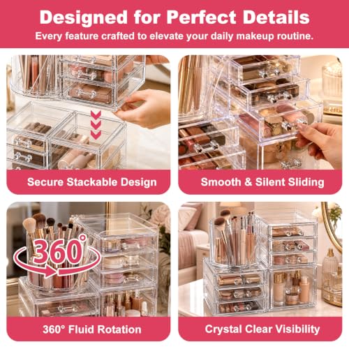 2-Tier Acrylic Makeup Organizer, 360° Rotating Brush Holder & 7 Drawers | Stackable Design; 7 Detachable Drawers; Crystal Clear Display; Space-Saving Countertop Caddy for Vanity, Bedroom & Bathroom - size: 2 Tier-7 Drawers
