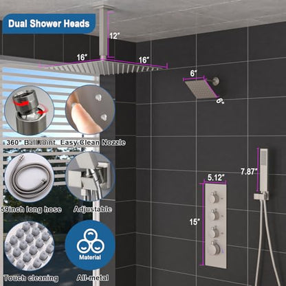 Enga Thermostatic Dual Head Shower System, 16" + 6" Dual Rainfall Shower System (Can All Run Together & Volume Adjustable) Dual Shower Head Combo Set, Brushed Nickel - color: Brushed Nickel, style: ‎16"+6" Head