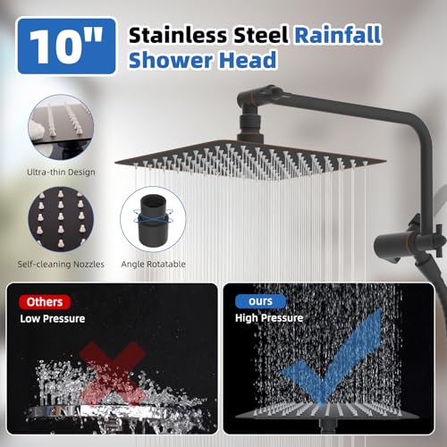 10" Metal Rainfall Shower Head with 10-Mode Handheld, Oil Rubbed Bronze | NSF/ANSI/CAN 372 Certified, High Pressure Showerhead Combo with 11" Adjustable Shower Arm, 71" Hose, Shower Head Holder - color: Oil Rubbed Bronze, style: Square 10"