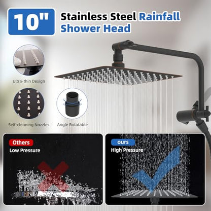 10" Metal Rainfall Shower Head with 10-Mode Handheld, Oil Rubbed Bronze | NSF/ANSI/CAN 372 Certified, High Pressure Showerhead Combo with 11" Adjustable Shower Arm, 71" Hose, Shower Head Holder - color: Oil Rubbed Bronze, style: Square 10"