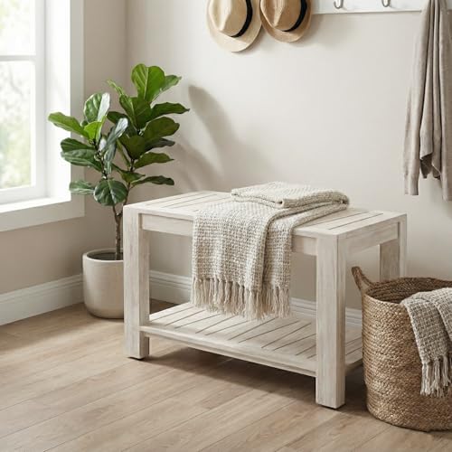 The Sitara Teak Shower Bench with Shelf, 30" Wide, Rustic Light Grey Wash