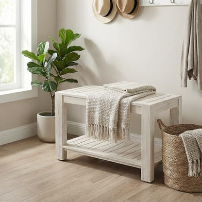 The Sitara Teak Shower Bench with Shelf, 30" Wide, Rustic Light Grey Wash