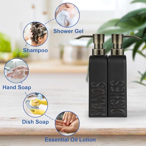 Ceramic Soap Dispenser Set for Bathroom and Kitchen, 2Pack Refillable Dish Soap and Hand Soap Dispenser - color: Retro Black-bronze