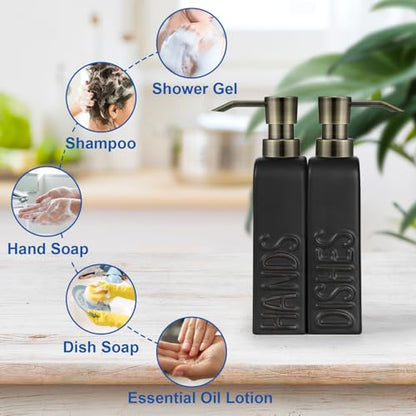 Ceramic Soap Dispenser Set for Bathroom and Kitchen, 2Pack Refillable Dish Soap and Hand Soap Dispenser - color: Retro Black-bronze