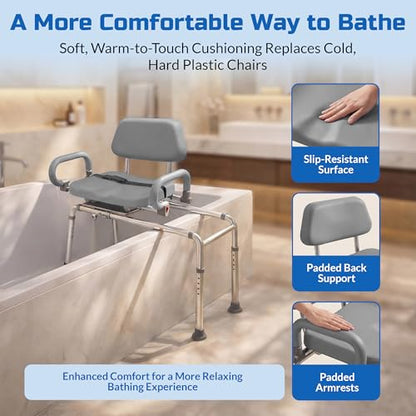 Carousel Sliding Shower Chair Tub Transfer Bench with Swivel Seat Elderly | Slide Safely In & Out of the Tub - Gray, padded seat, padded armrests, swivel seat, backrest, portable, tool-free assembly - color: Gray