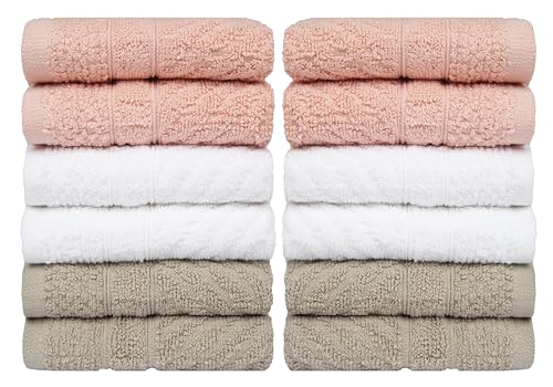 PH Pleasant Home Diagonal Wash Cloths Set - 12 Pack (12” x 12”) – 509 GSM - 100% Ring Spun Cotton Wash Cloth - Super Soft and Highly Absorbent Face Towels (Blush,White & Tan) - color: Blush, White & Tan, style: Diagonal