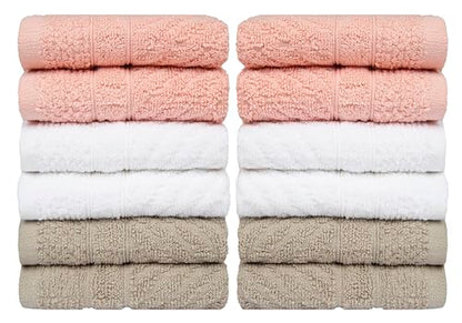PH Pleasant Home Diagonal Wash Cloths Set - 12 Pack (12” x 12”) – 509 GSM - 100% Ring Spun Cotton Wash Cloth - Super Soft and Highly Absorbent Face Towels (Blush,White & Tan) - color: Blush, White & Tan, style: Diagonal
