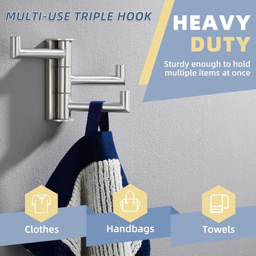 3-Arm Swivel Towel Hook, Brushed Nickel, 304 Stainless Steel | Individually Adjustable 180° Arms, Fold-Flat Wall Storage, Raised End Stops, Robes, Bags & Towels, Bathroom & Closet Use - color: Brushed Nickel, size: 1 Pack