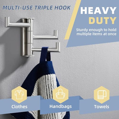 3-Arm Swivel Towel Hook, Brushed Nickel, 304 Stainless Steel | Individually Adjustable 180° Arms, Fold-Flat Wall Storage, Raised End Stops, Robes, Bags & Towels, Bathroom & Closet Use - color: Brushed Nickel, size: 1 Pack