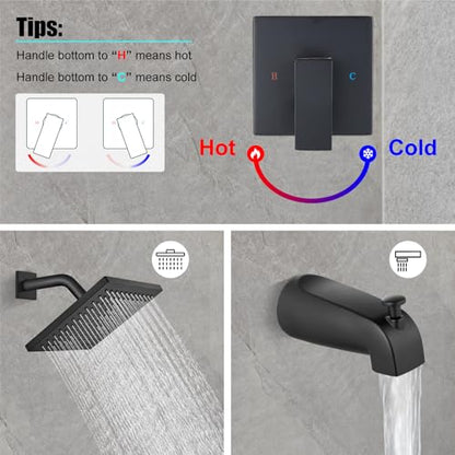 Heyalan 8 Inch Shower Set with Tub Spout and Valve,Brushed Nickel | 8-inch square rainfall head, tub spout with diverter, male-thread rough-in valve, single-handle control and wall-mount design - color: Matte Black, size: 8 Inch Square Shower Head