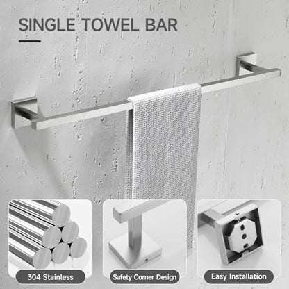 TQKAG Brushed Nickel Bathroom Hardware Accessories Set 10 Pieces, 23.6" SUS304 Stainless Steel Towel Bar Set Wall Mounted Includes Single Towel Bar, Towel Ring, Toilet Paper Holder, Double Towel Hooks - color: Brushed Nickel, size: 10-Pieces Set