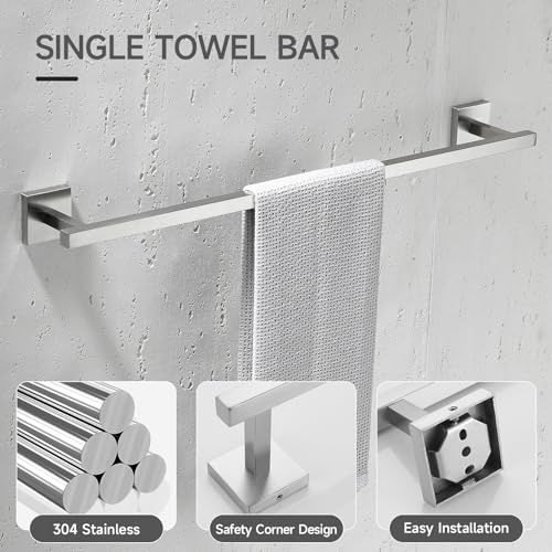 TQKAG Brushed Nickel Bathroom Hardware Accessories Set 10 Pieces, 23.6" SUS304 Stainless Steel Towel Bar Set Wall Mounted Includes Single Towel Bar, Towel Ring, Toilet Paper Holder, Double Towel Hooks - color: Brushed Nickel, size: 10-Pieces Set