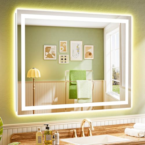 44x32 Inch LED Bathroom Mirror with Lights Front and Backlit Lighted Vanity Mirror for Bathroom Wall with 3 Colors Dimmable Anti-Fog Memory Shatter-Proof IP54 Waterproof Horizontal/Vertical - color: Backlit+front Lit, size: 44"L x 32"W