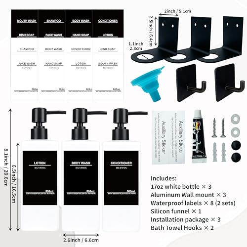Shampoo and Conditioner Dispenser, No Drill, 16 Waterproof Labels | Shampoo Dispenser for Shower Wall, Shower Soap Dispenser Wall Mounted 3 Chamber, Bathroom, 17oz, White - color: White Bottle + Black Pump