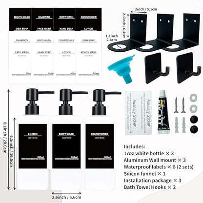 Shampoo and Conditioner Dispenser, No Drill, 16 Waterproof Labels | Shampoo Dispenser for Shower Wall, Shower Soap Dispenser Wall Mounted 3 Chamber, Bathroom, 17oz, White - color: White Bottle + Black Pump
