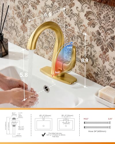WOWOW Single Handle Bathroom Faucet 1 Hole High Arc Bathroom Basin Faucet Gold with Pop Up Drain, Solid Brass Commercial Bathroom Sink Faucet Basin Vanity Bar Faucet (Patented Product) - color: Gold